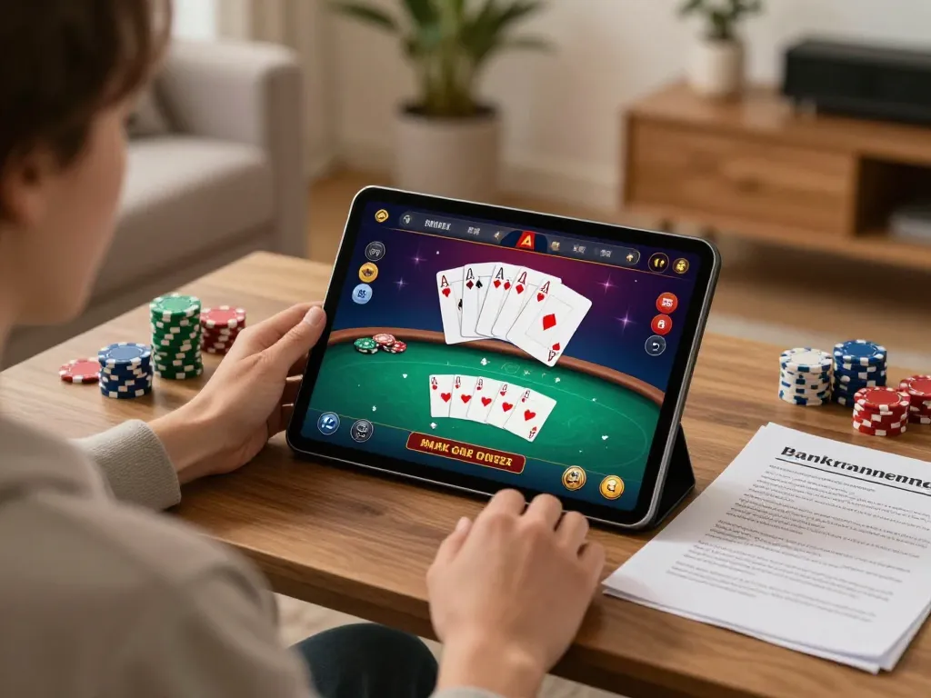 Player engaging in SUNWIN online poker game on tablet, with strategic notes in cozy setting.