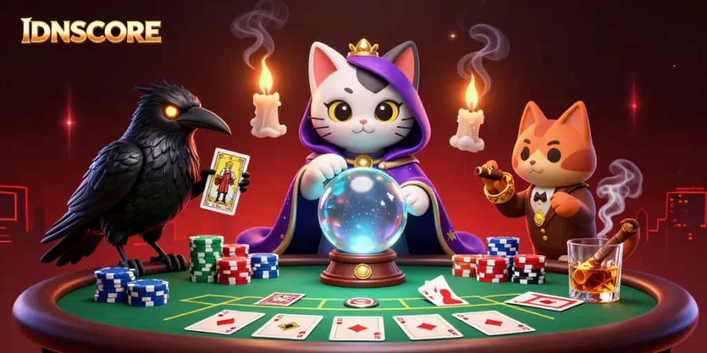 Experience thrilling gameplay with IDNSCORE in this rich 3D casino scene filled with poker action.