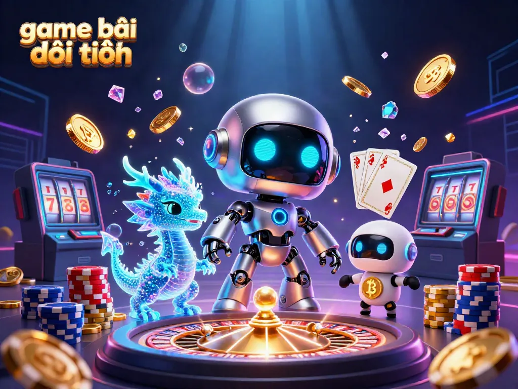 Experience the thrill with game bài đổi thưởng featuring a chrome cyberpunk robot and holographic dragon amidst sparkling casino elements.