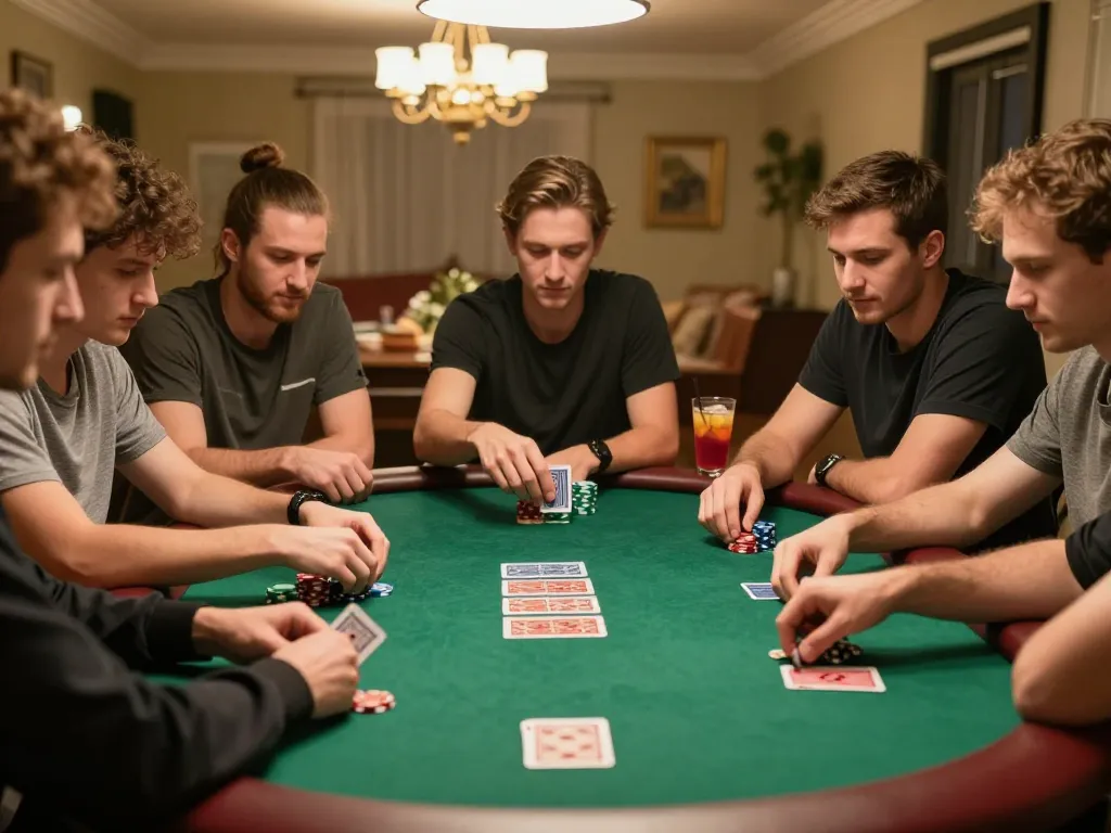 Players engaging in a thrilling poker night at home while celebrating worldharpday atmosphere