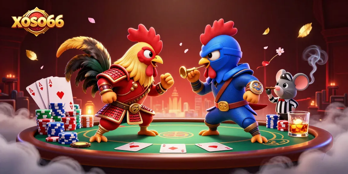 Bet on xoso66 with intense gameplay featuring rooster fighters and poker elements.