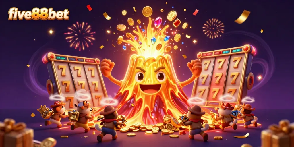 Experience the excitement of winning at five88bet with thrilling casino elements amidst a golden volcanic eruption.