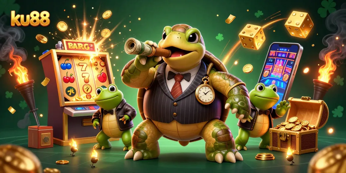 ku88 themed illustration showcasing a snapping turtle mobster and bullfrog enforcers amidst casino excitement