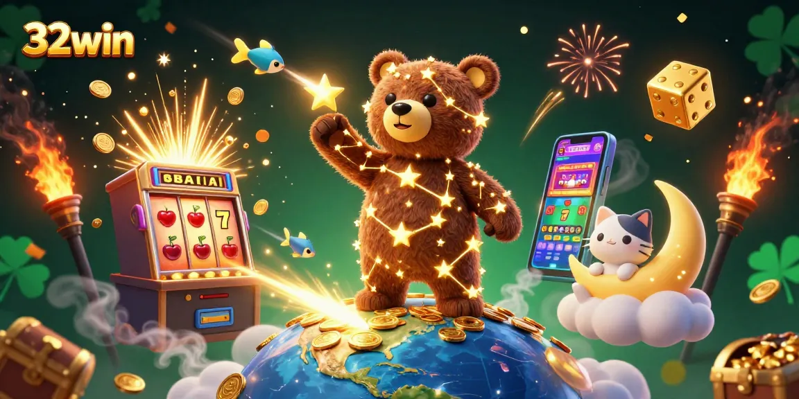 Experience the excitement of 32win with a vibrant illustration of casino elements and characters capturing thrilling moments.
