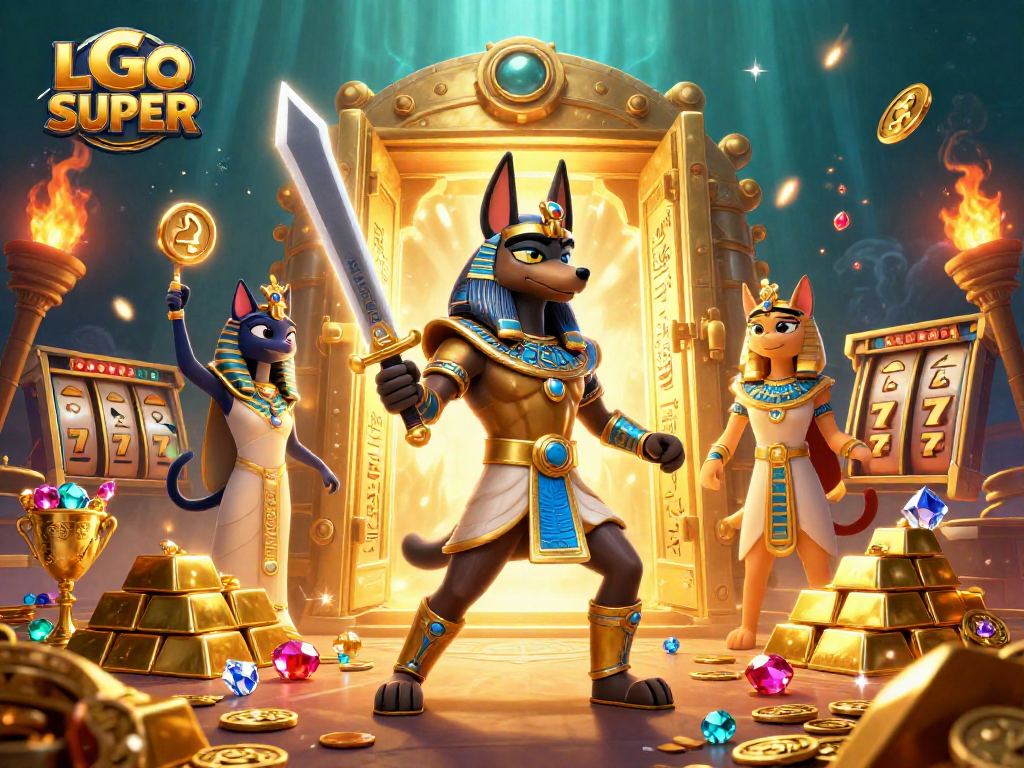Experience thrilling gameplay at LGOSUPER with ancient Egyptian warriors amidst vibrant casino treasures.