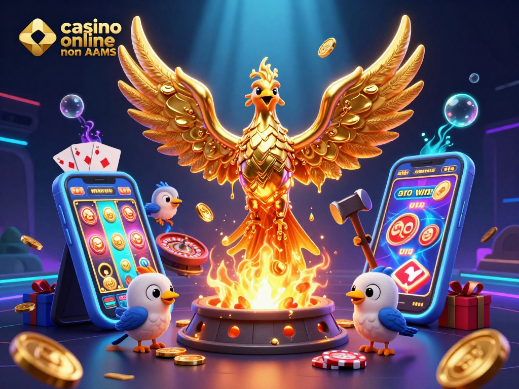 Cattura l'azione dei giochi su casino online non AAMS con un phoenix dorato e elementi di gioco vivaci.