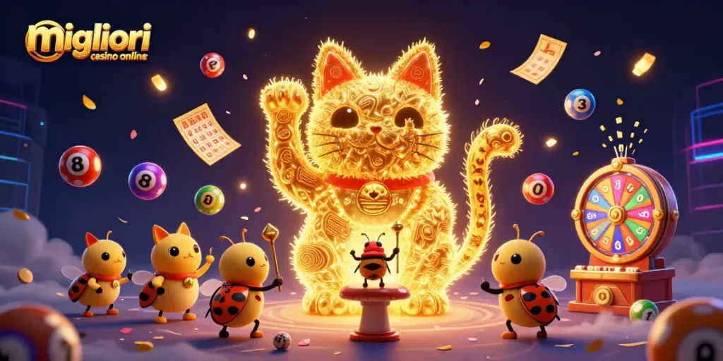 Migliori casino online a disposizione con un'illustrazione 3D di un gatto fortunato e simboli vivaci del gioco.