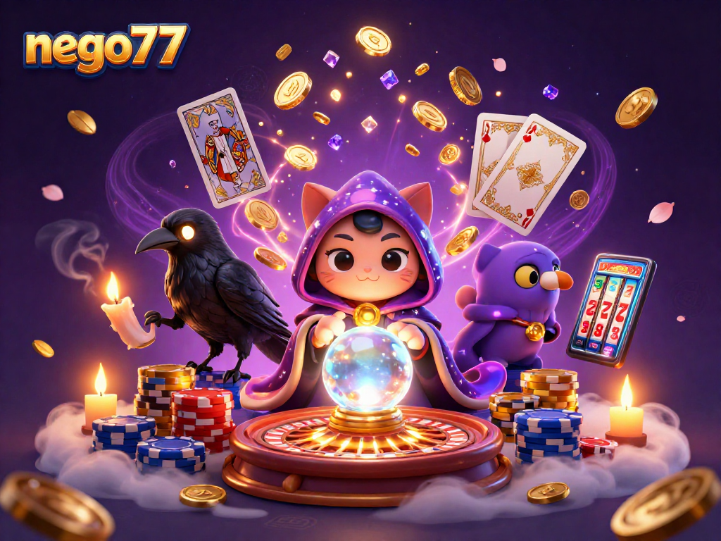 Experience the thrill of gambling with nego77, featuring a mystical scene of characters and dynamic casino elements.