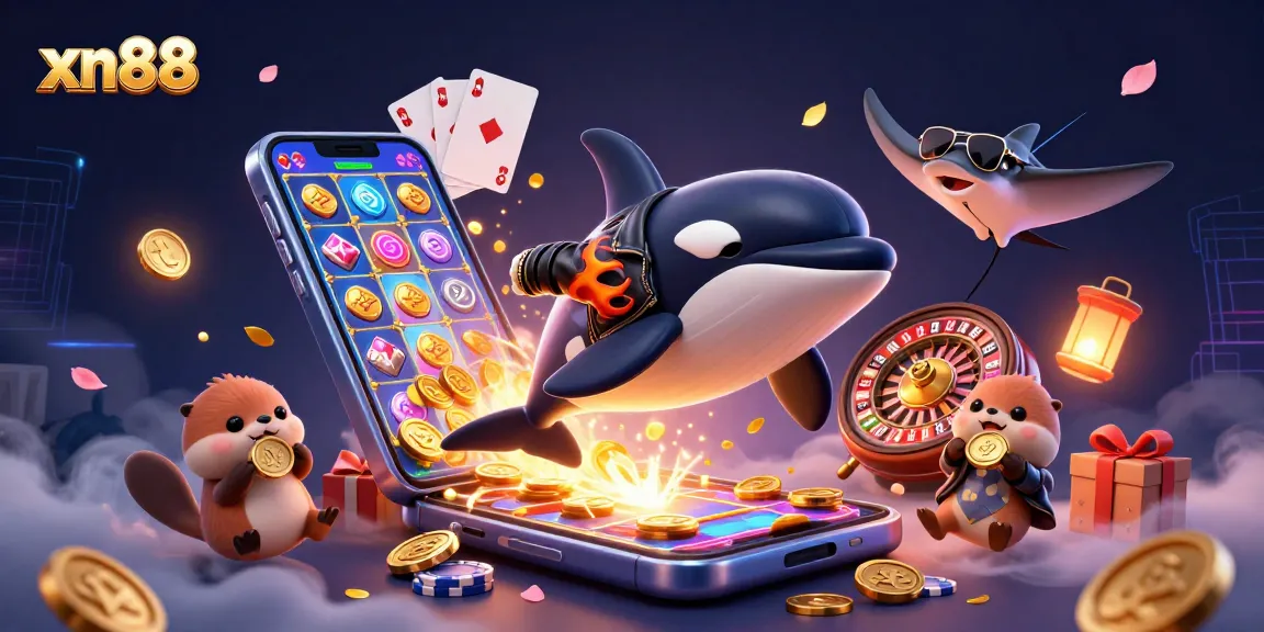 Engage in thrilling slots on xn88, featuring a 3D cartoon whale, stingray, and otters with coins in a casino-themed setting.