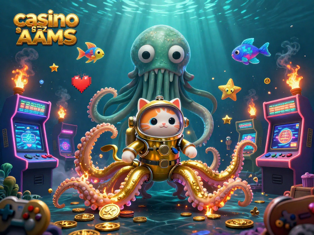 Gioca nei migliori casino senza AAMS con il kraken e un gatto subacqueo, circondati da macchine da gioco.