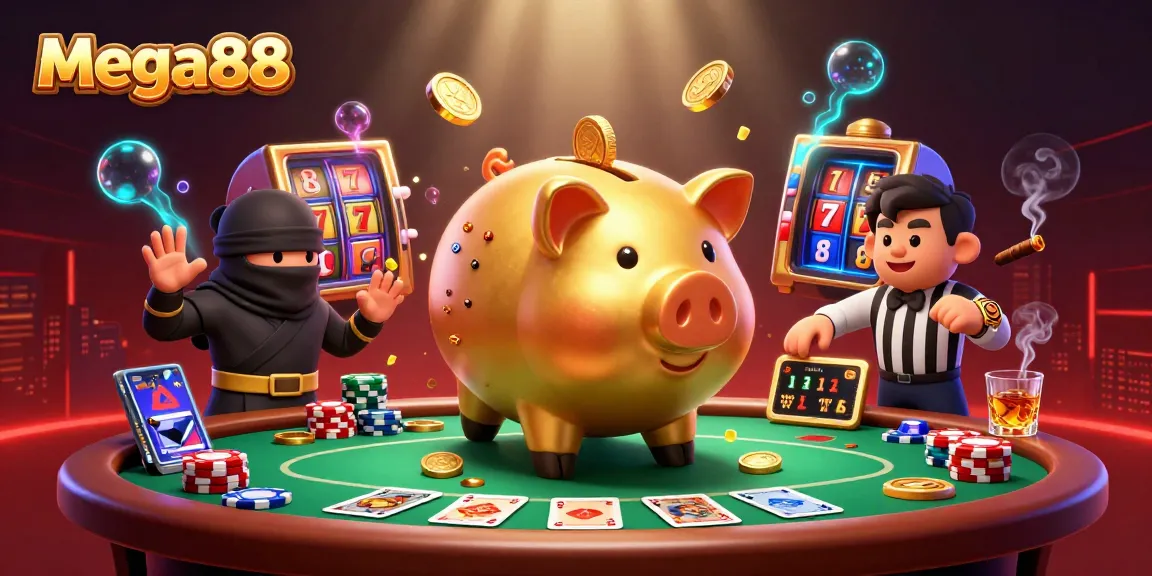Experience thrilling mega888 gaming with a golden piggy bank sumo wrestler amidst vibrant casino action.