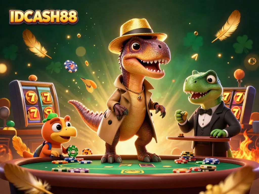 Experience thrilling gameplay at IDCASH88 with a velociraptor card counter at a blackjack table, surrounded by excitement.