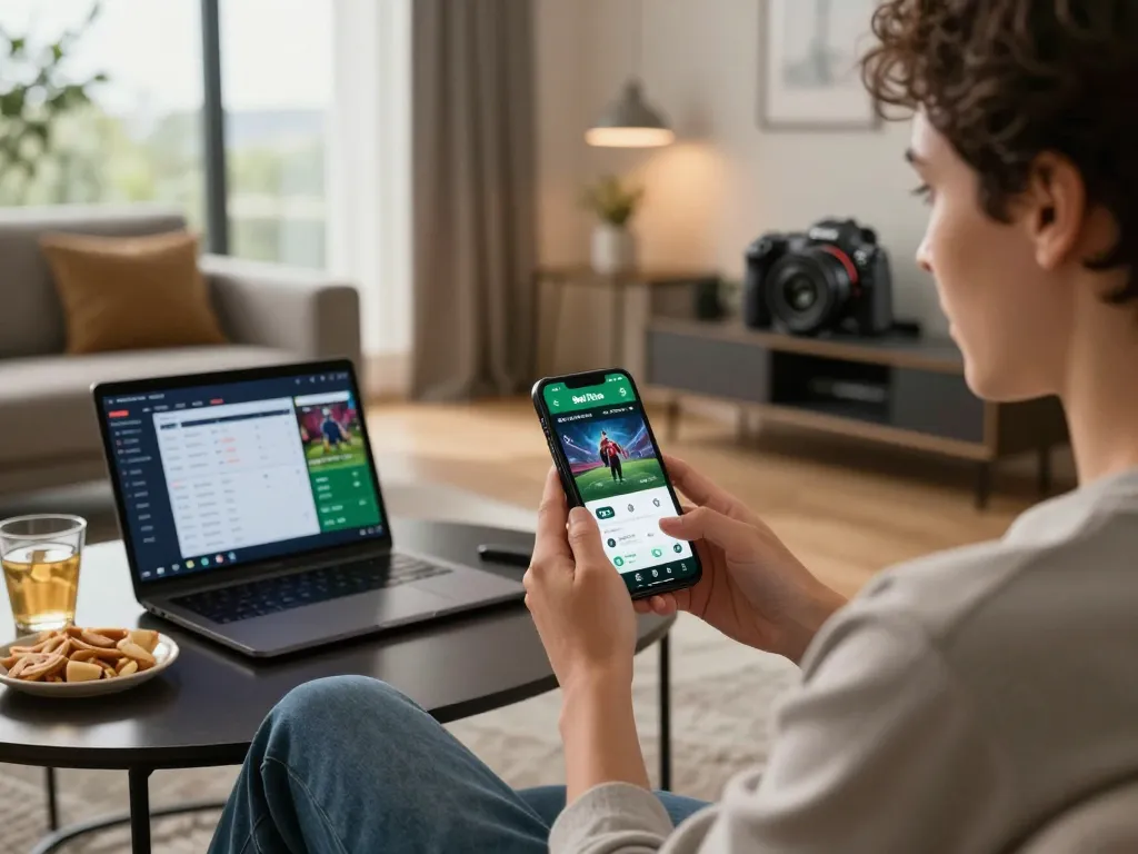 Engaging with BetVisa app download in a cozy living room setting, showcasing mobile gaming excitement and user comfort.