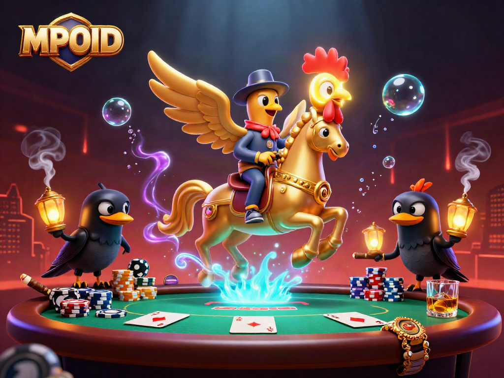 Play stunning MPOID slots with vibrant golden rooster in a magical casino scene
