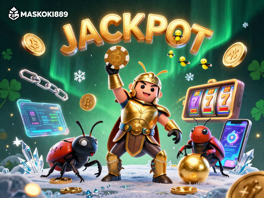 Engage with MASKOKI889's thrilling jackpot scene featuring a victorious beetle with crypto elements.