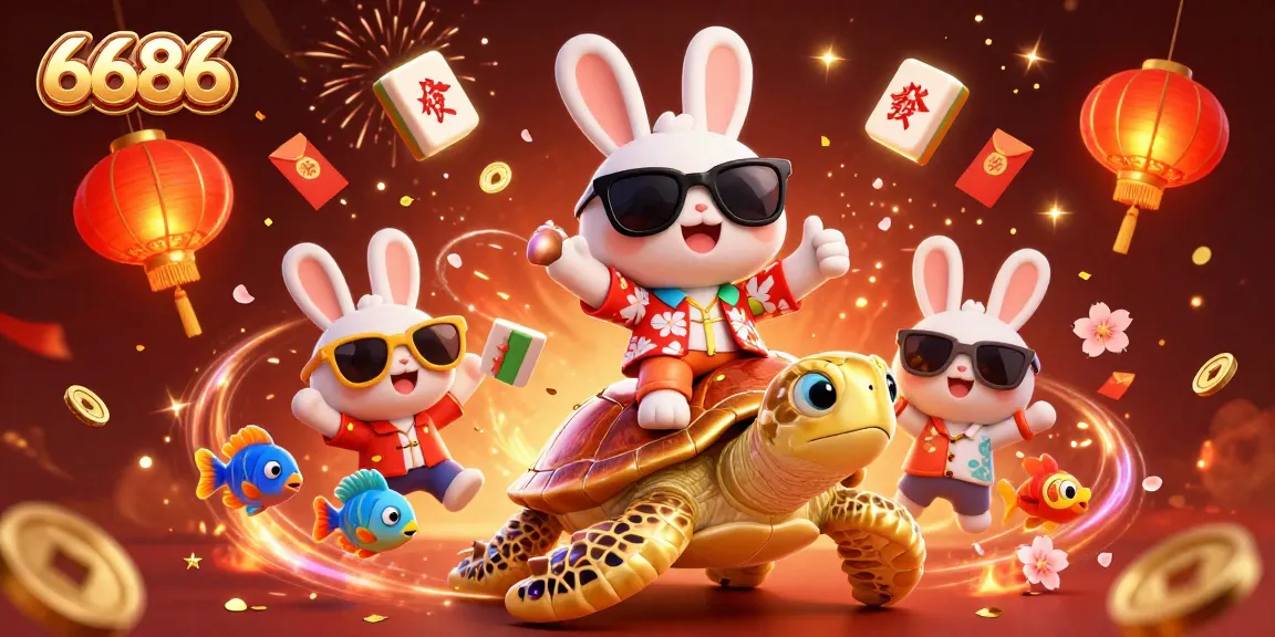 Join the fun with 6686 as the lucky rabbit rides a golden turtle in a vibrant casino scene.
