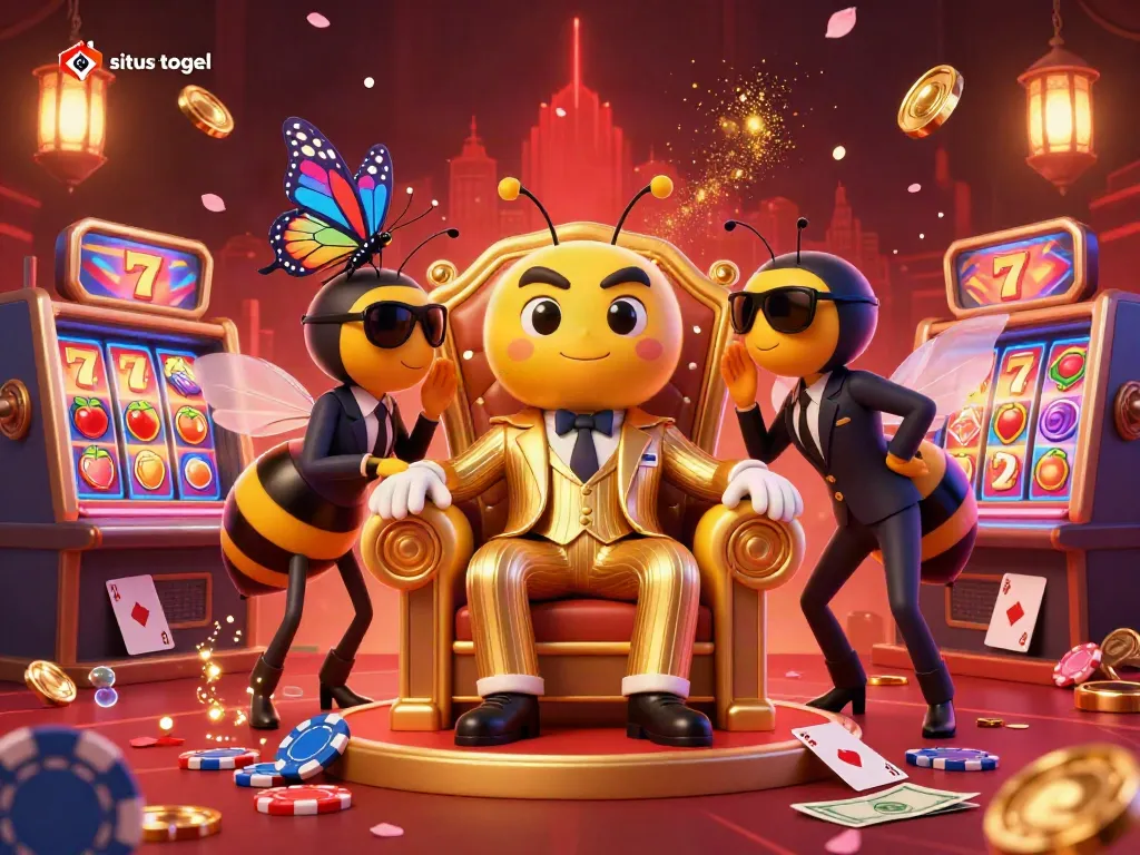Engage with situs togel in this dynamic casino scene featuring a bumblebee mob boss and wasp bodyguards.