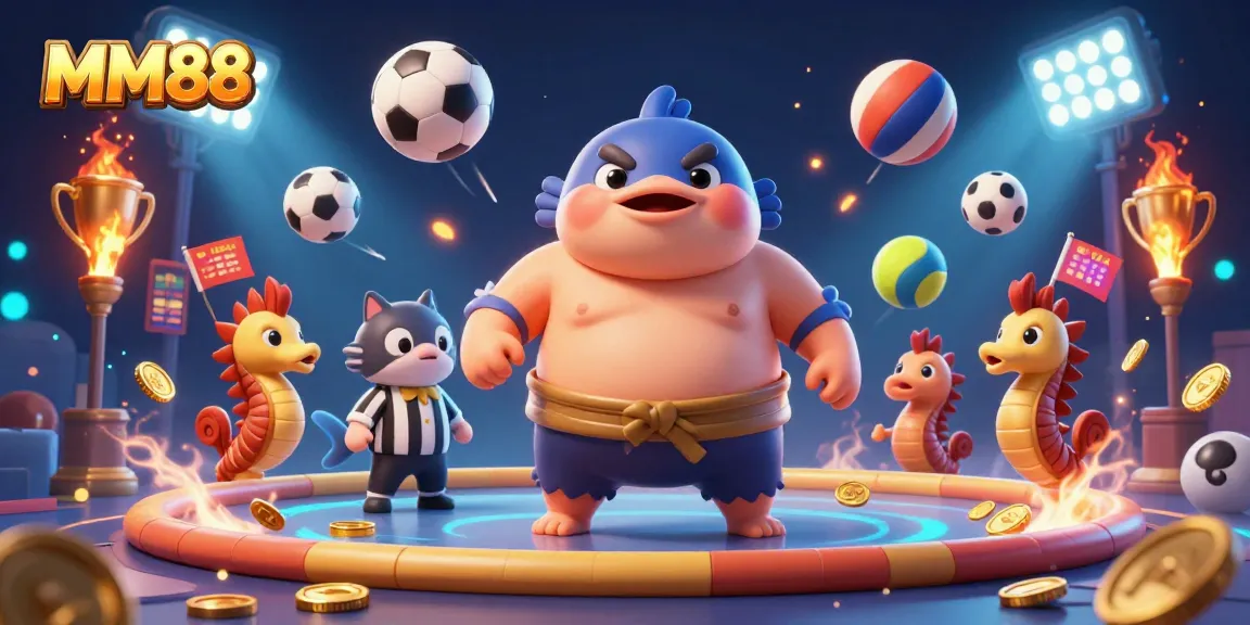 Engage with MM88's exciting underwater casino scene featuring a fugu sumo wrestler and dynamic sports elements.