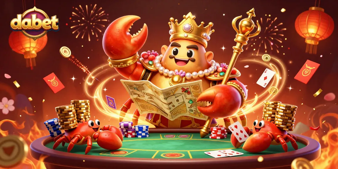 dabet showcases a vibrant 3D casino scene with a golden crab emperor and poker elements.