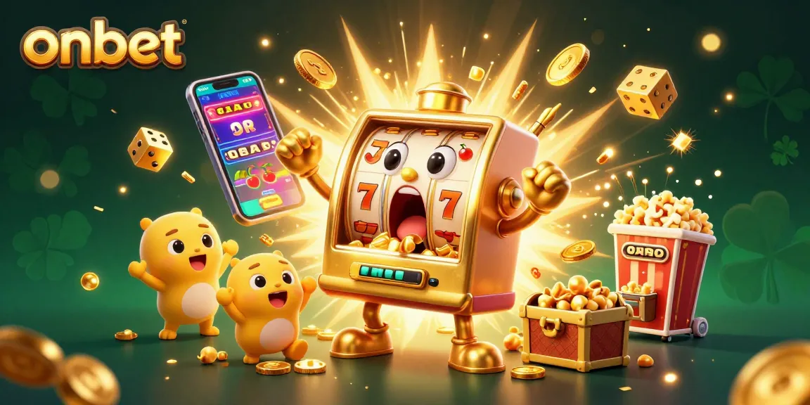 Engage in exciting slots at onbet, highlighted by a 3D golden slot machine celebrating its jackpot.