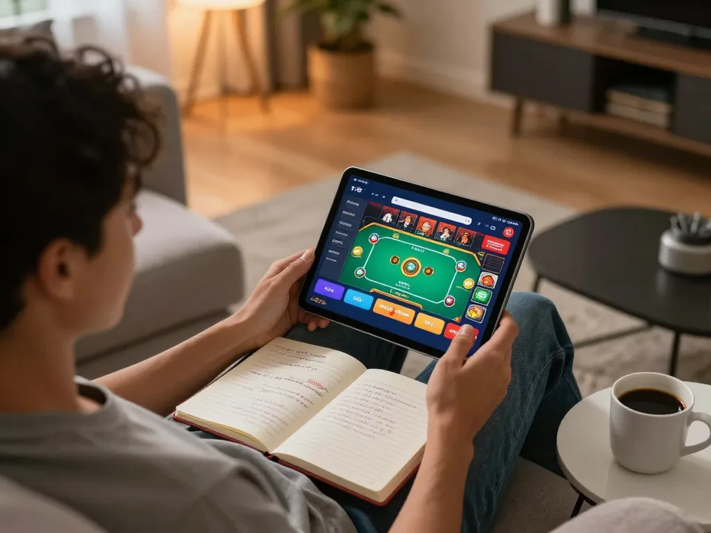 Player using tablet for online gambling at home, engaging with shopshela app interface