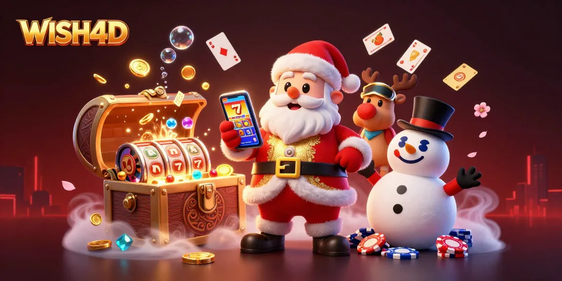 Experience the excitement of WISH4D with colorful slots and festive characters in a lively casino scene.