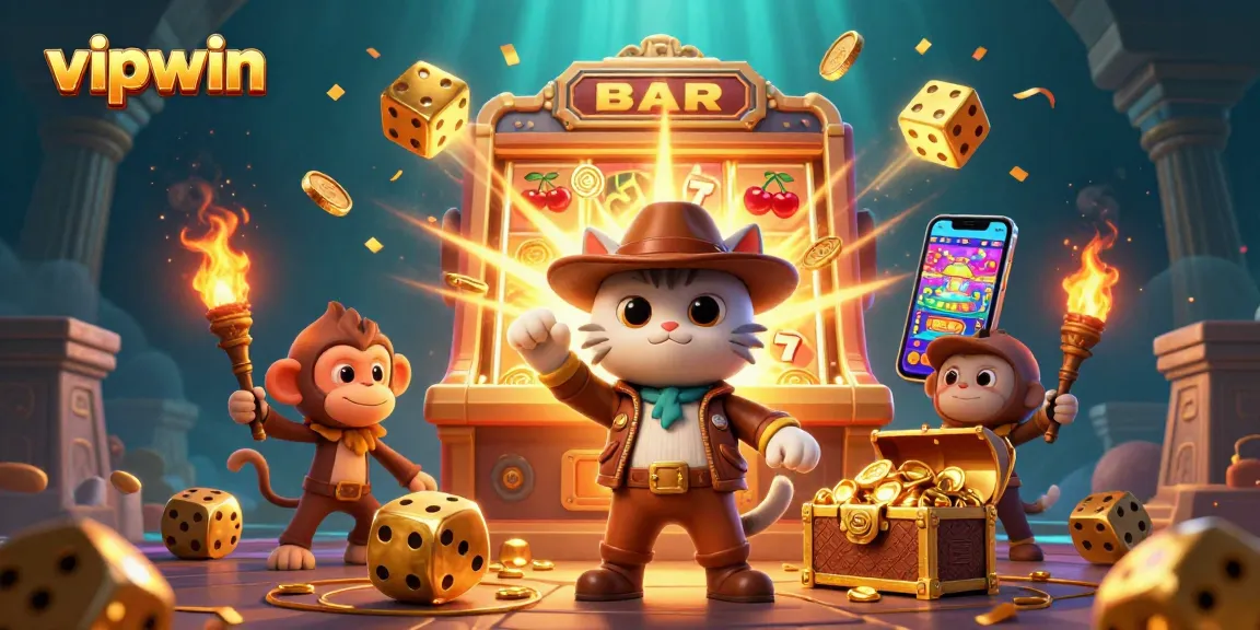 Experience the thrill of victory with vipwin, as the explorer discovers a golden casino artifact amidst a dynamic casino scene.