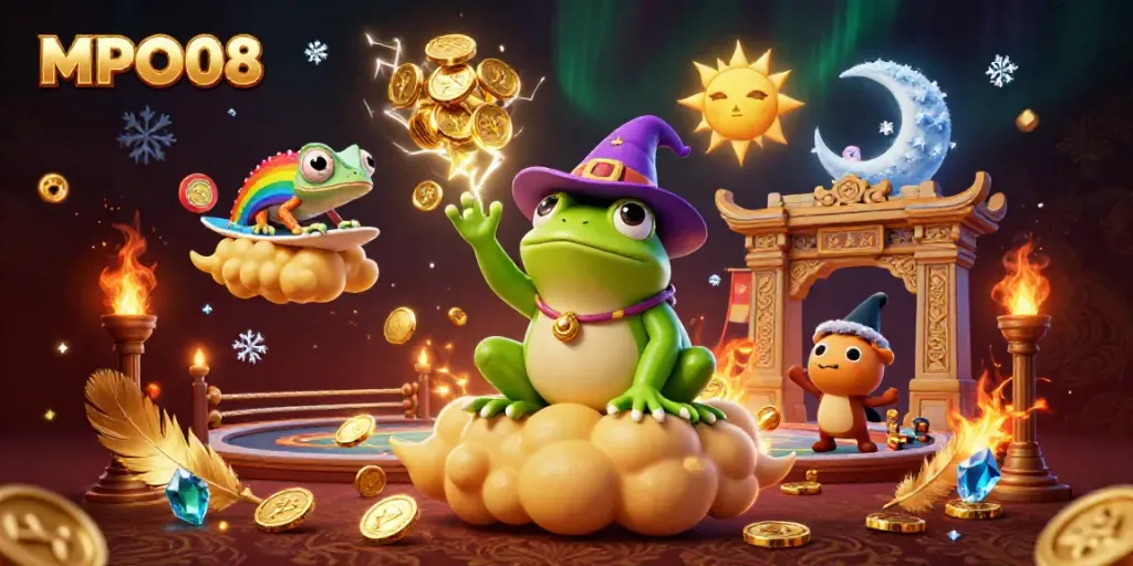 MPO08 invites you to a vibrant casino experience with a frog wizard and chameleon surfing amidst gold coins.