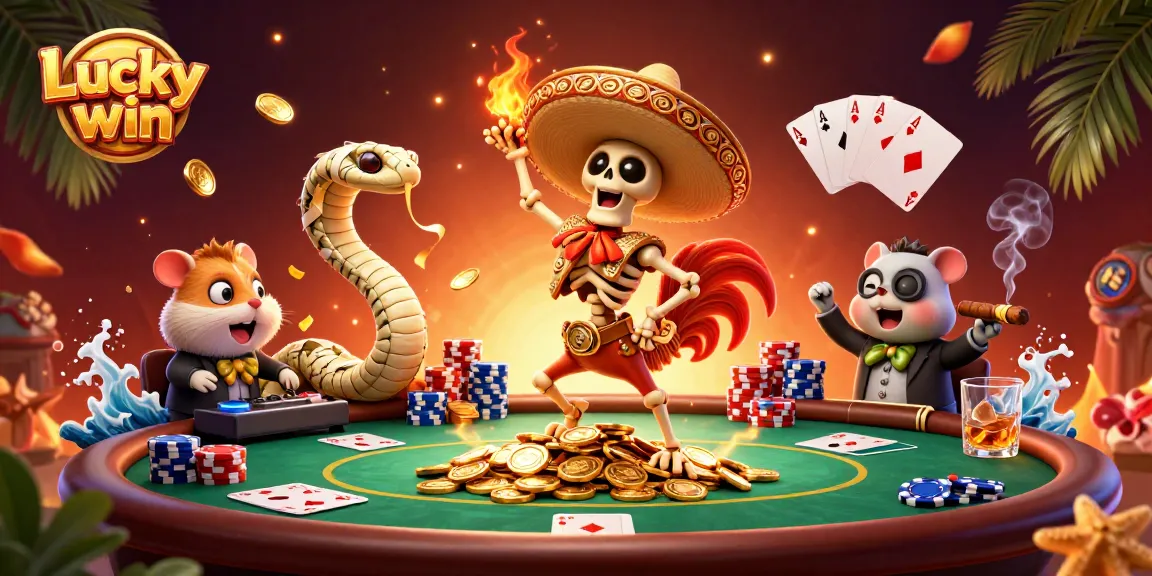 Experience Luckywin with vibrant characters celebrating amidst poker elements and golden coins.