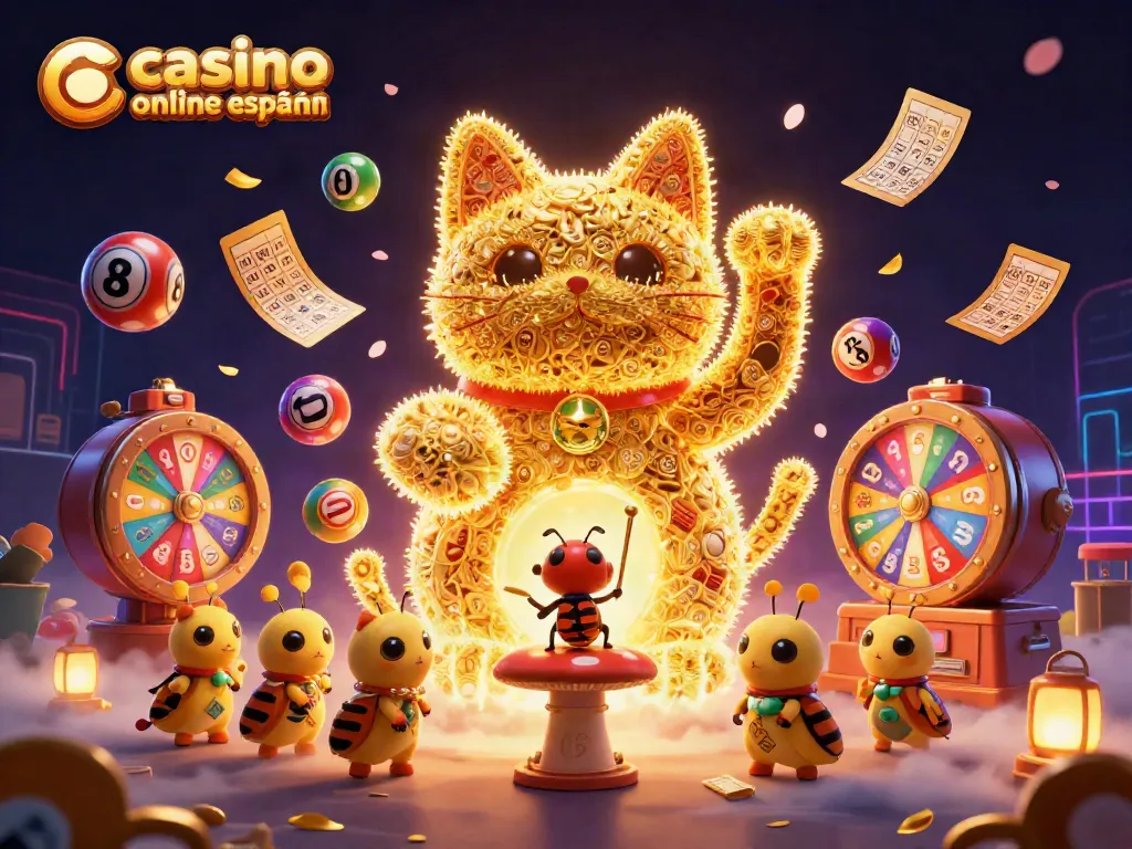 Disfruta del casino online español con una vibrante ilustración de un gato de la suerte y elementos de bingo.