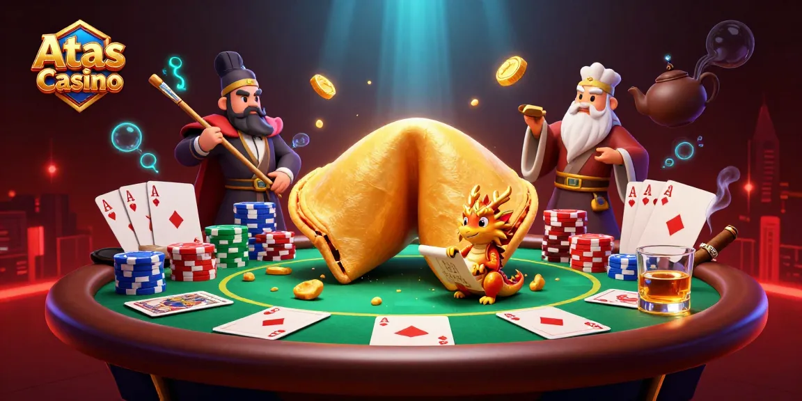 Engage in thrilling poker at Atas Casino with vibrant 3D characters and casino elements.