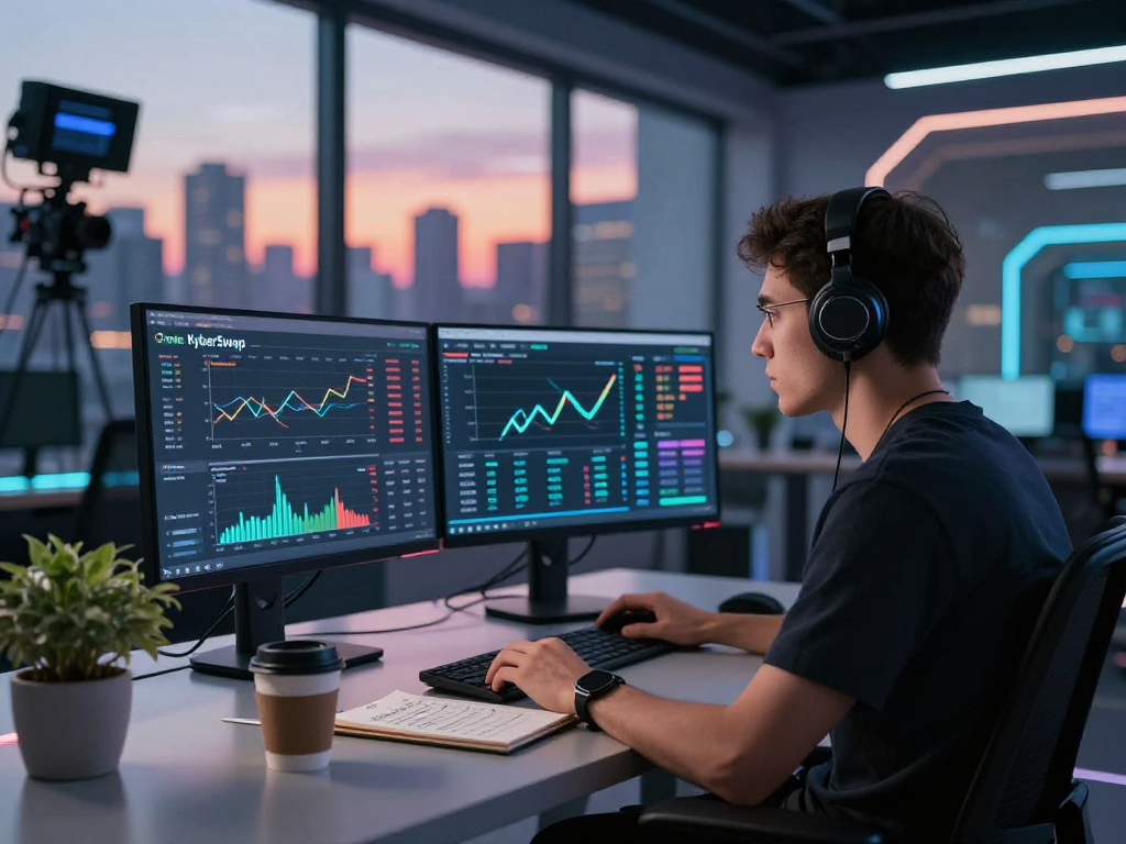 Kyber-swap trading dashboard with a trader analyzing market data in a high-tech office.