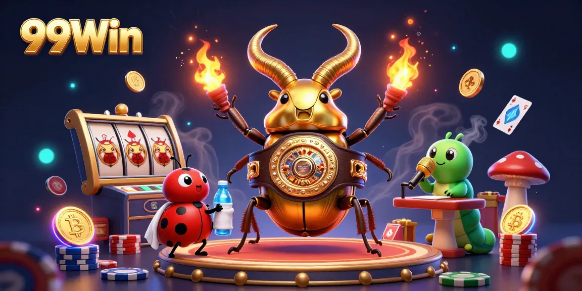 Experience the excitement of 99Win with a cartoon beetle champion and vibrant casino elements.