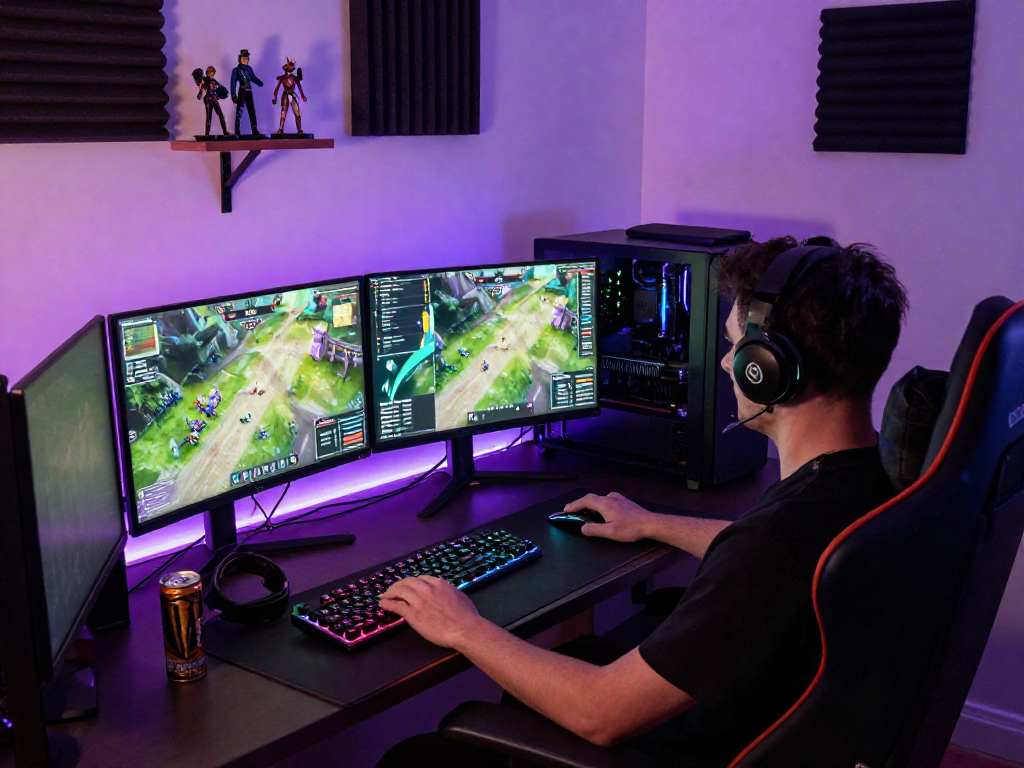 OxBet gaming setup with multiple monitors, showcasing immersive gameplay