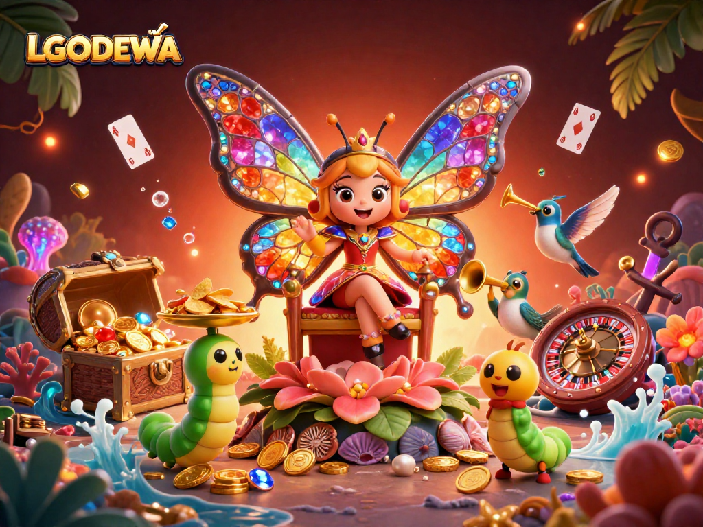 Experience the vibrant allure of LGODEWA with a butterfly queen and casino games in a 3D illustration.