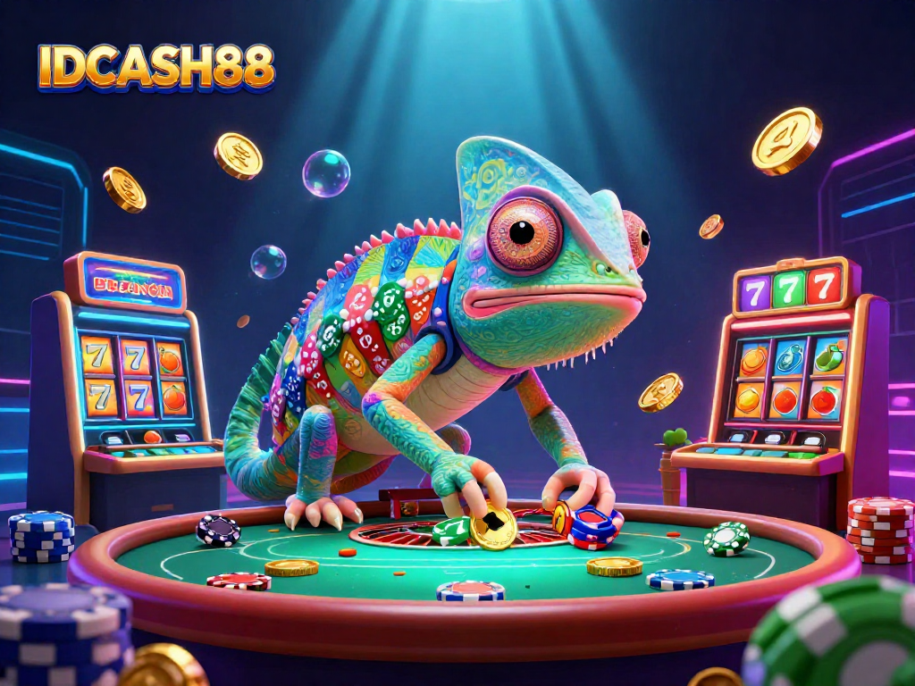 Engage with the vibrant world of IDCASH88 featuring a chameleon casino owner within a dynamic gambling scene.