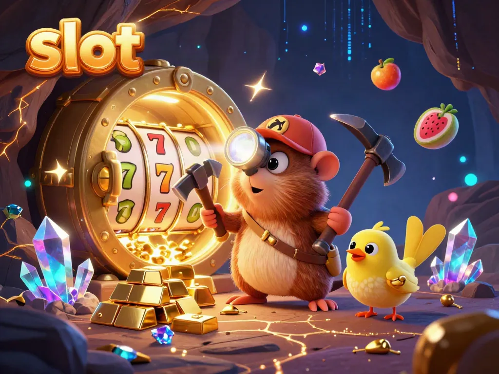 Experience vibrant slot action with a treasure hunter mole and canary in a gem-filled cave.