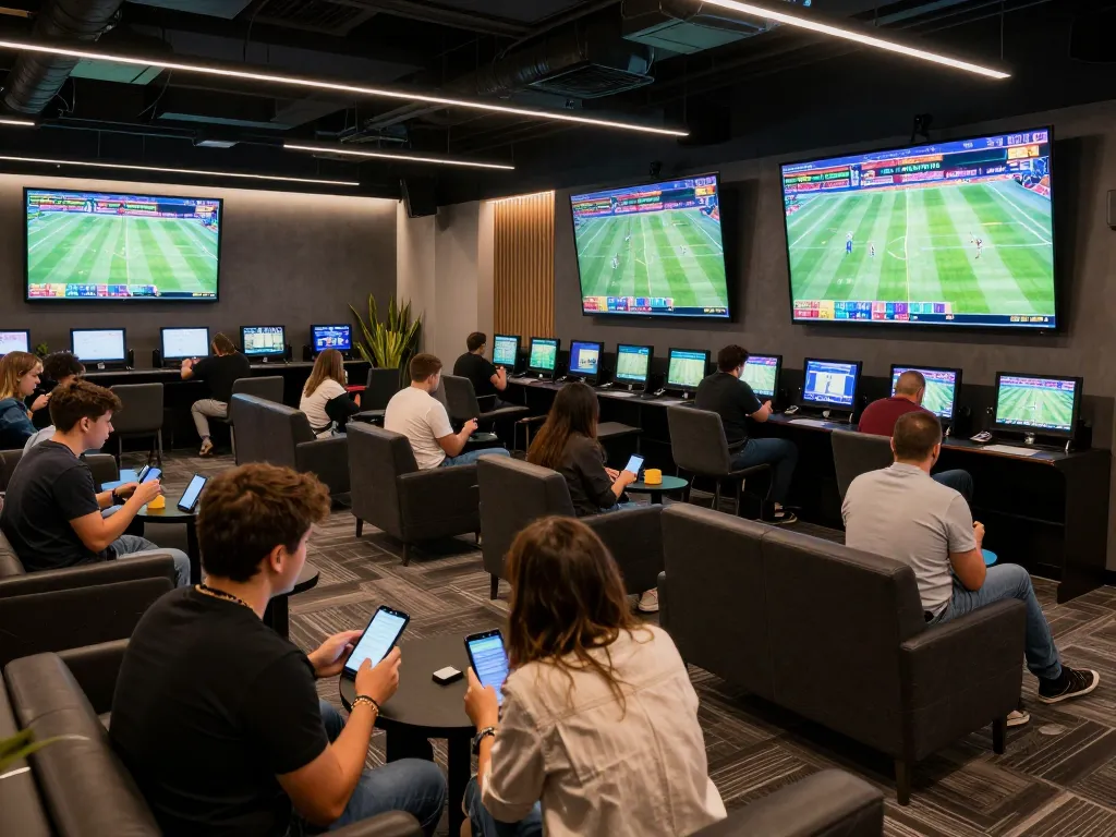 Excited fans analyzing odds on their devices at tylekeonhacai88 sports betting lounge.
