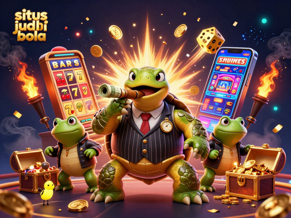 Engage in situs judi bola action with a cartoon turtle in a mobster suit amidst a vibrant casino scene.