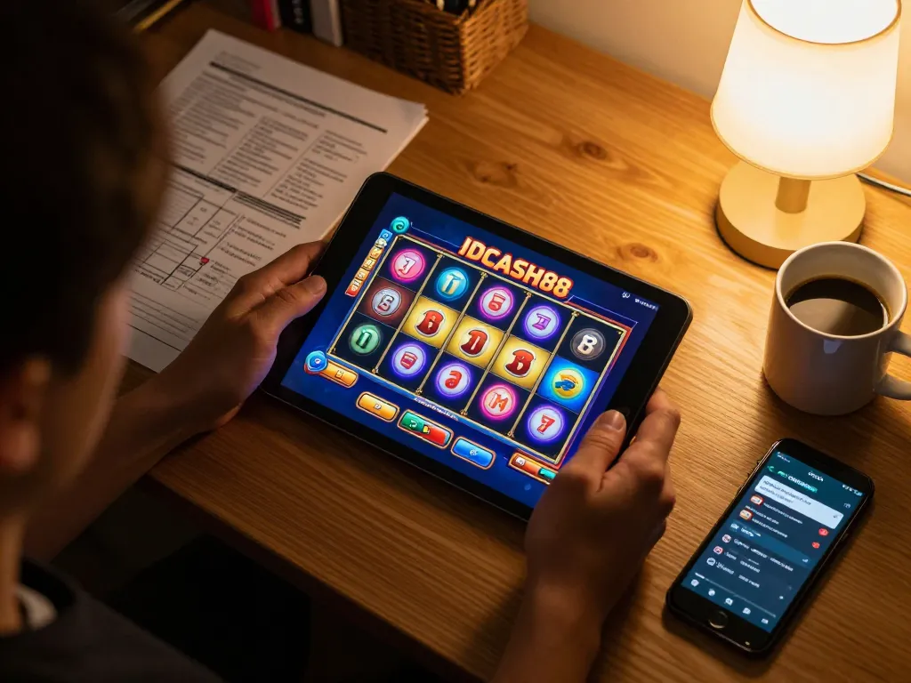 Engaging gameplay on IDCASH88 Slot displayed on tablet during a cozy home gaming session.