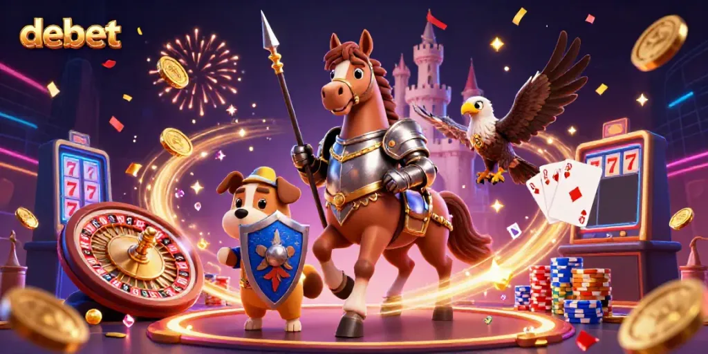 Engage with debet's thrilling casino experience through a mesmerizing 3D illustration of knights celebrating with casino elements.