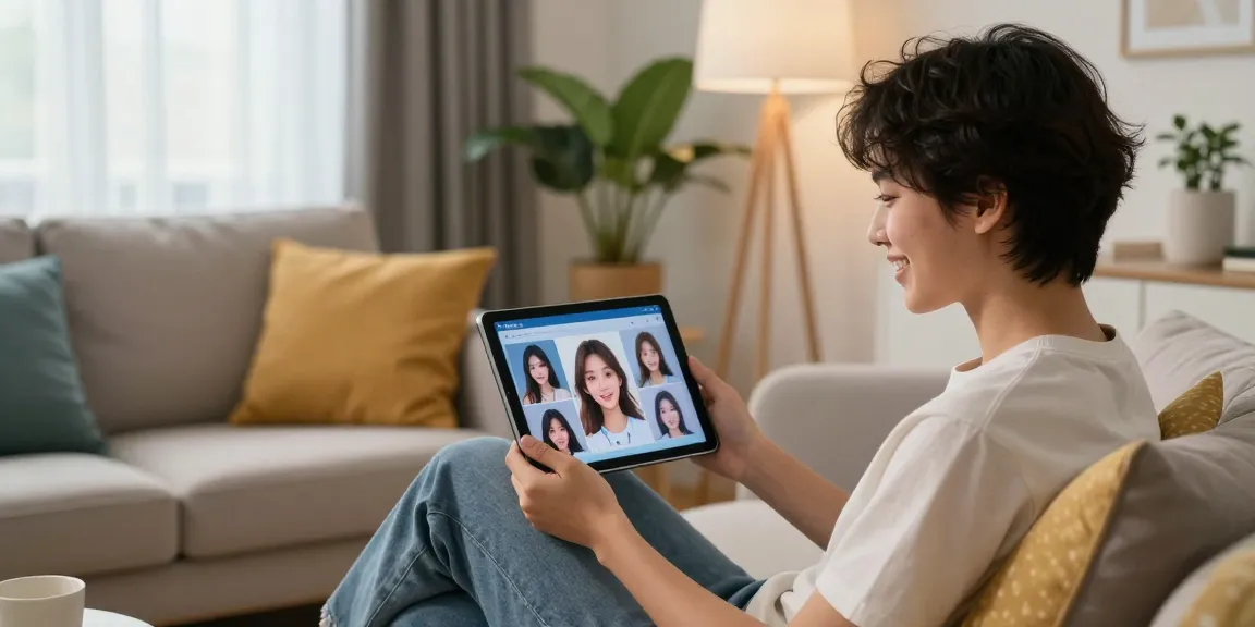 A young person interacting with a customized AI gf on a tablet in a cozy living room, showcasing modern companionship.