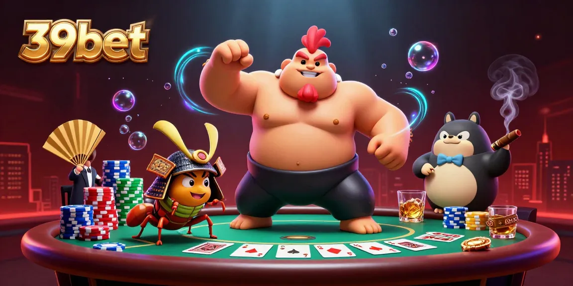 39bet features an exciting round of poker with a powerful sumo wrestler rooster creating energy at the table.
