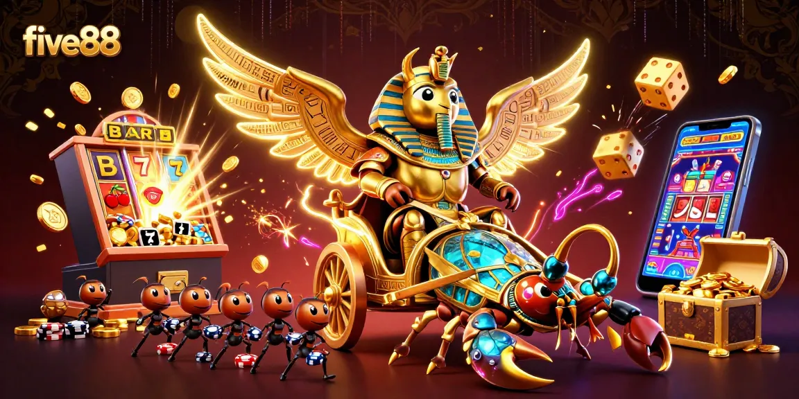 Spin the reels at five88 with an animated golden scarab and scorpions in a vibrant casino scene.