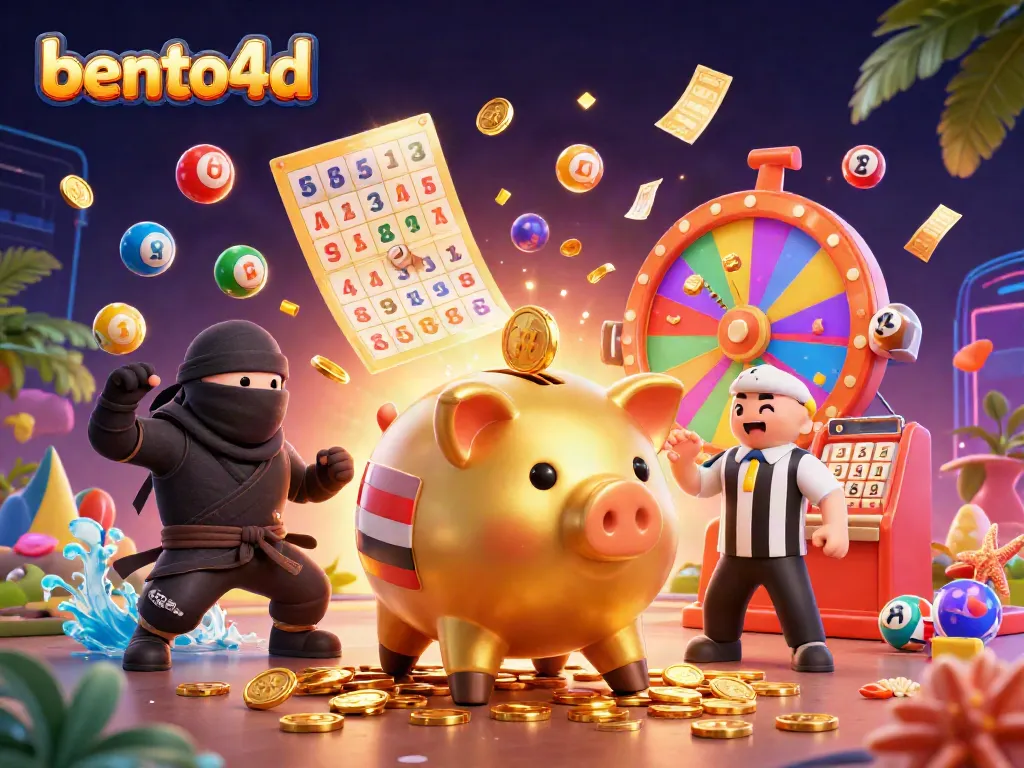 Engage in bento4d gameplay with an epic scene featuring a golden piggy bank wrestler and exciting lottery elements.