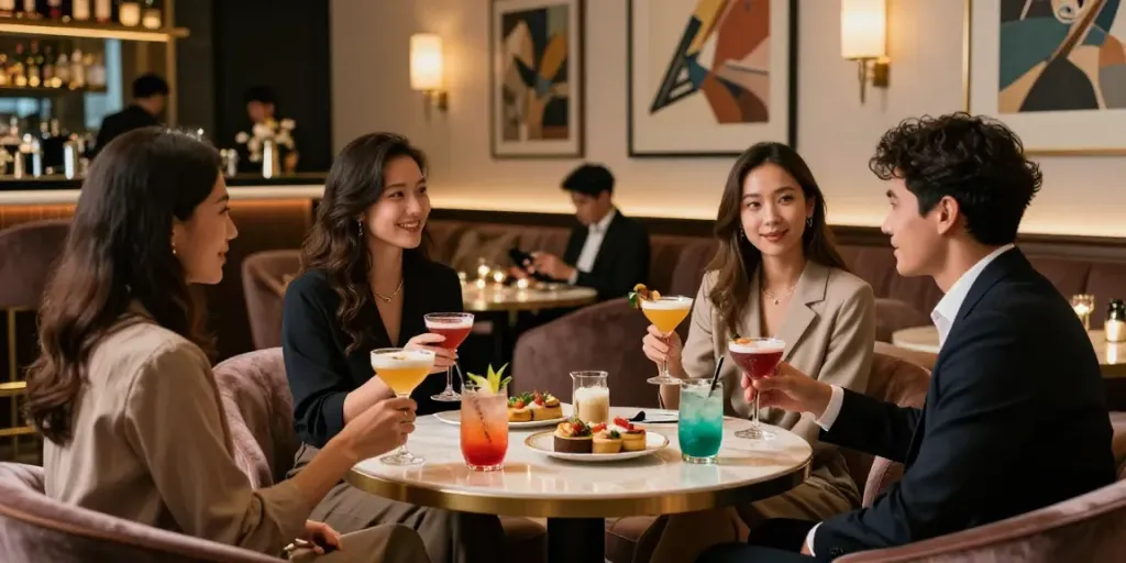 세이렌 쩜오의 고급스럽고 세련된 라운지 분위기에서 친구들과 칵테일을 즐기는 장면