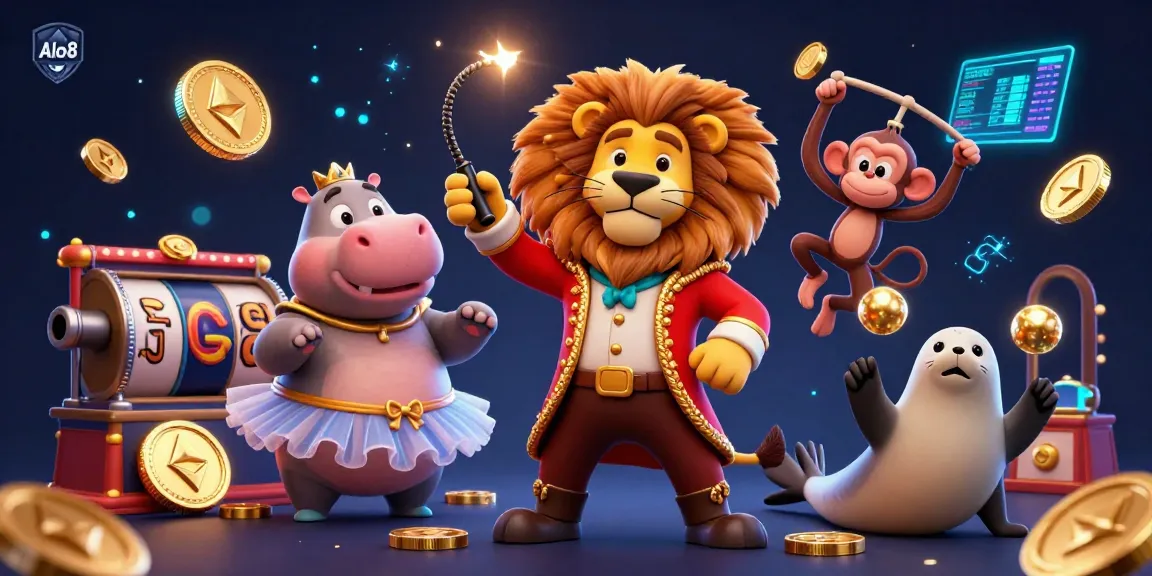 Alo8 showcases an energetic casino scene with a ringmaster lion, hippo, monkey, and juggling seal amidst slots and crypto elements.