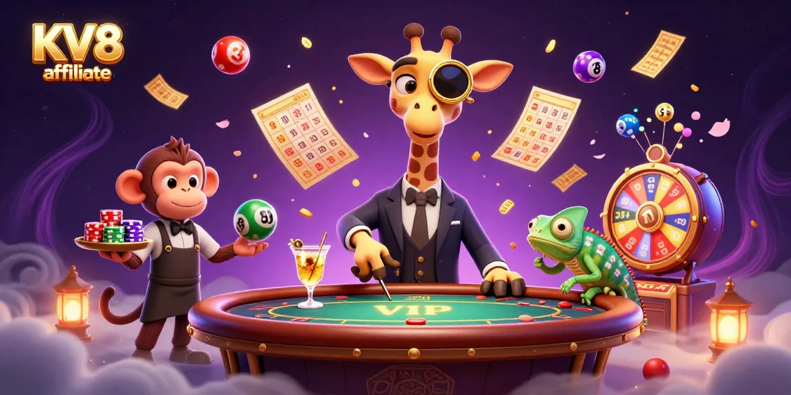Engage with the KV8 affiliate scene featuring vibrant casino elements and delightful characters in action.