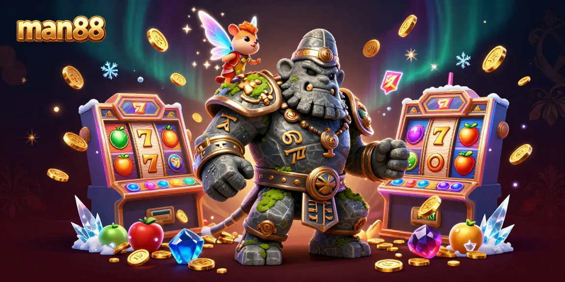 Spin the reels in man88's vibrant 3D casino world featuring magical characters and golden treasures.