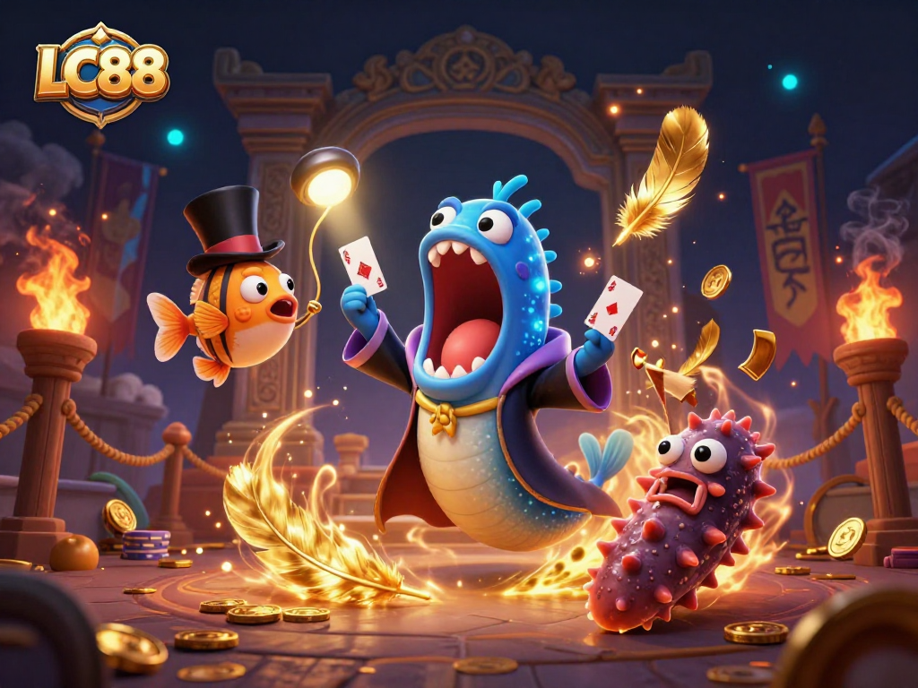 LC88 showcases a vibrant 3D illustration of deep-sea characters performing card tricks, enhancing the online gaming experience.